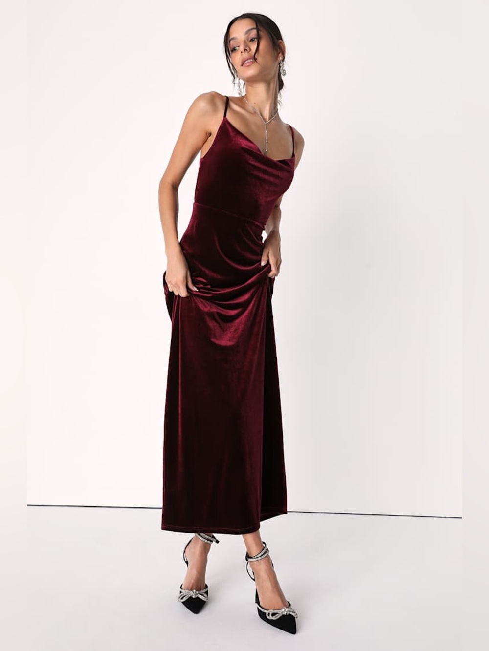 Lulus Immensely Impressive Wine Red Velvet Cowl Neck Maxi Dress